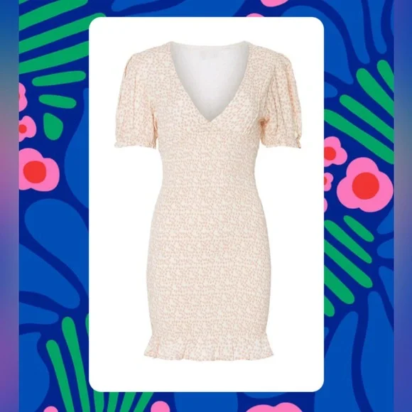 AREA pink Cream smocked Floral Mini Dress puff sleeves Rent the Runway Small - Picture 1 of 7